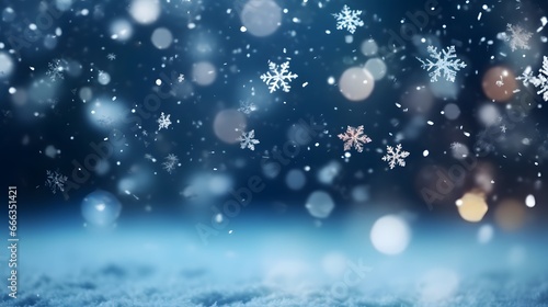 Falling snowflakes on night sky white background. Bokeh with white snow and snowflakes on a blue background.