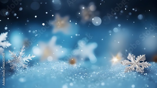 Falling snowflakes on night sky white background. Bokeh with white snow and snowflakes on a blue background. © Lucky Ai