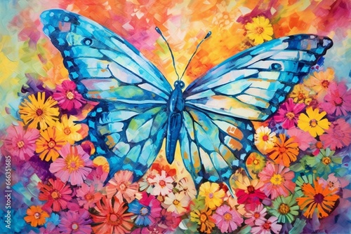 Butterfly amidst colorful flowers on a blue background. Generative AI