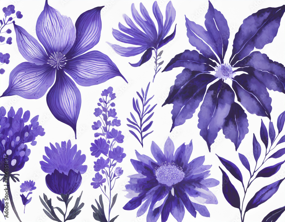 Very peri flowers clip-art. Purple flowers on a white background. Hand-painted abstract botanical illustrations bundle. Very peri flowers clip-art. Purple flowers on a white background. Hand-painted abstract botanical illustrations bundle.