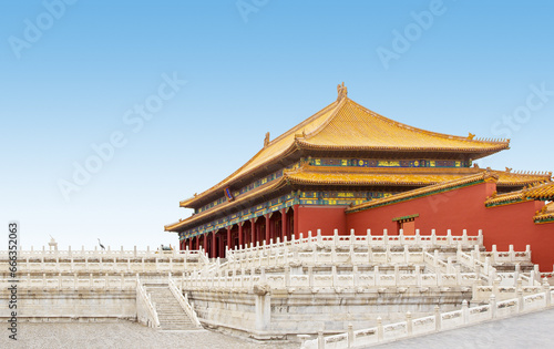 View of palace in Forbidden city against blue sky in Beijing 