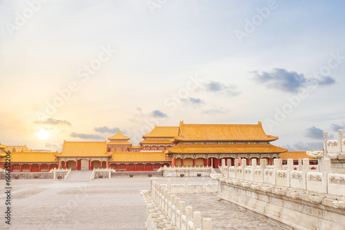 View of palace in Forbidden city against blue sky in Beijing  © shengyi