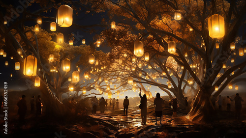 People standing outside at night at a festival with lanterns. Golden light. Generative AI 
