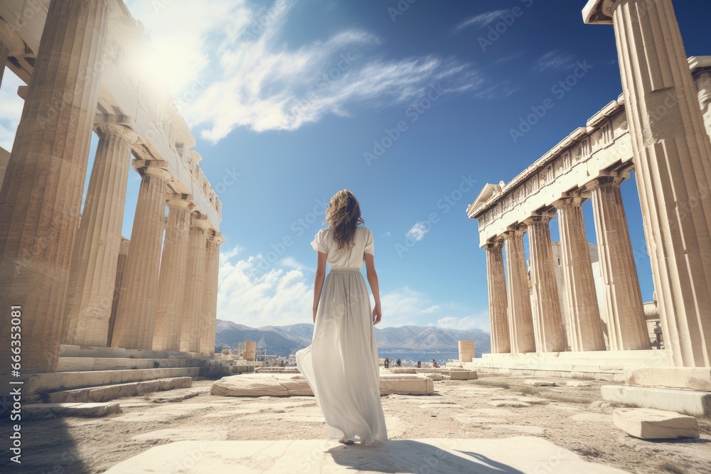Obraz na płótnie Young woman in a long white dress on the background of the Parthenon, Greece, Female tourist standing in front of the Parthenon, rear view, full body, AI Generated w salonie