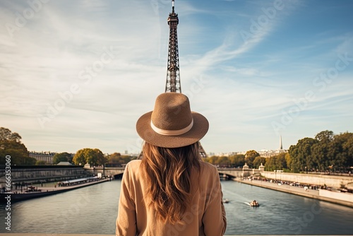 Young woman in hat looking at Eiffel tower in Paris, France, Female tourist sightseeing the Eiffel tower and taking pictures, rear view, full body, AI Generated