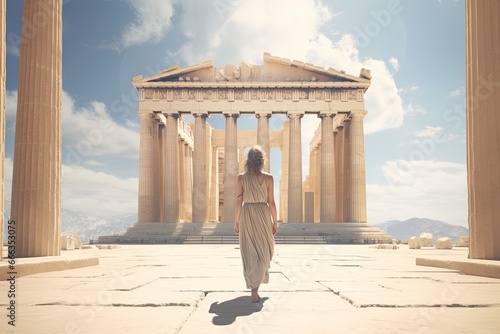 Woman walking in front of Parthenon on Acropolis in Athens, Greece, Female tourist standing in front of the Parthenon, rear view, full body, AI Generated