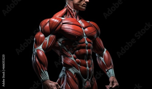 Human Muscle Anatomy - Male Muscular Body Isolated on Black Background, Fitness model with abs standing, top section cropped, front view, detailed muscles, AI Generated