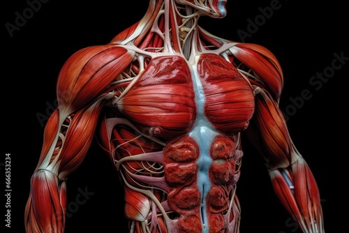 Human Muscles Anatomy with black background, 3D Rendering, Fitness model with abs standing, top section cropped, front view, detailed muscles, AI Generated