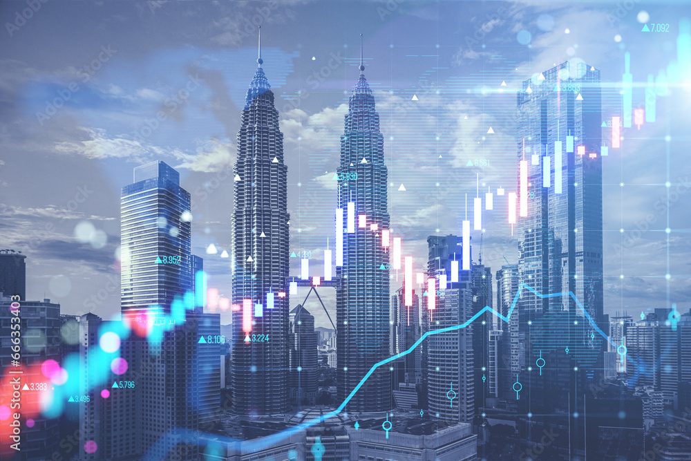 Toned image with glowing candlestick forex chart on blurry city background. Trade, finance and growing market concept. Double exposure.