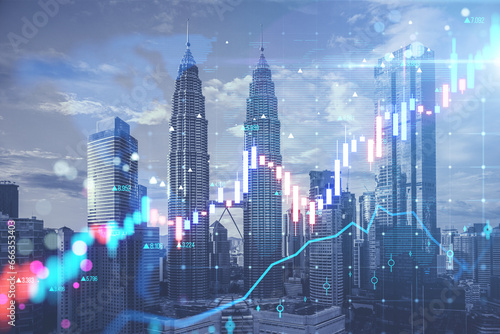 Toned image with glowing candlestick forex chart on blurry city background. Trade, finance and growing market concept. Double exposure.