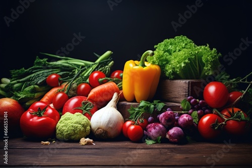 Vegetables on a wooden background. Healthy food. Diet  Fresh fruits and vegetables on dark rustic background. Healthy food concept  AI Generated