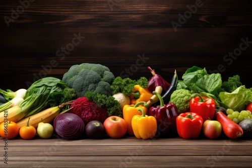 Fresh fruits and vegetables on wooden background. Healthy food concept. Copy space  Fresh fruits and vegetables on wooden table. Healthy food background. Diet concept  AI Generated