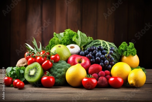 Fresh fruits and vegetables on wooden background. Healthy food. Dieting concept  Fresh fruits and vegetables on wooden table. Healthy food background. Diet concept  AI Generated