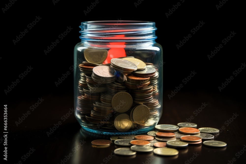 Coins in glass jar on black background. Saving money concept, Finance concept - Malaysia Ringgit Coins in a jar with Malaysia Flag, AI Generated Coins in glass jar on black background. Saving money concept, Finance concept - Malaysia Ringgit Coins in a jar with Malaysia Flag, AI Generated