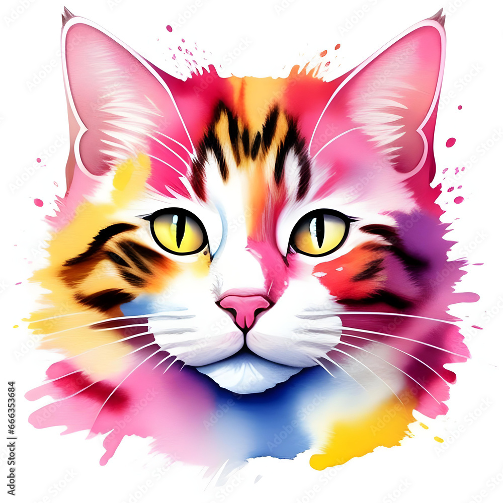 Splash of color pink and yellow,red on face cat.cat lover