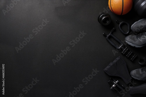 Sports equipment on black background. Top view with space for your text, Fitness background, black sport equipment for training, copy space, top view, AI Generated