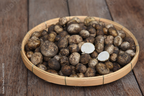 Obraz na płótnie Puff Ball Mushrooms (Hygroscopic earthstar) in a bamboo tray on wooden table backgournd. w salonie
