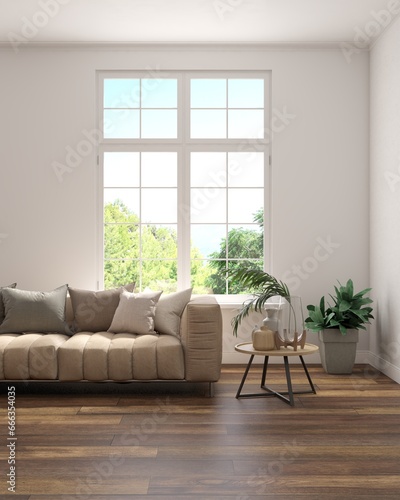 White living room with sofa and green summer landscape in window. Scandinavian interior design. 3D illustration