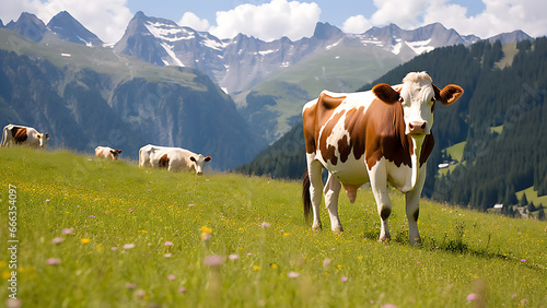Cows are grazing in the meadow, mountain background.
