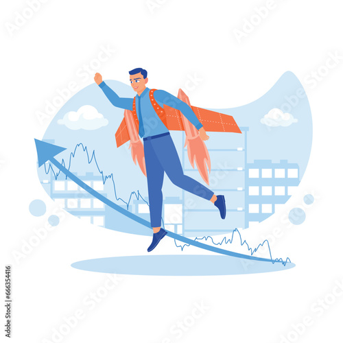  A businessman flies with a jet pet against a backdrop of multi-storey buildings. Career Development Concept. trend modern vector flat illustration