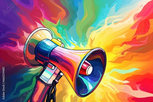 Illustration of a shiny, colorful megaphone. Generative AI
