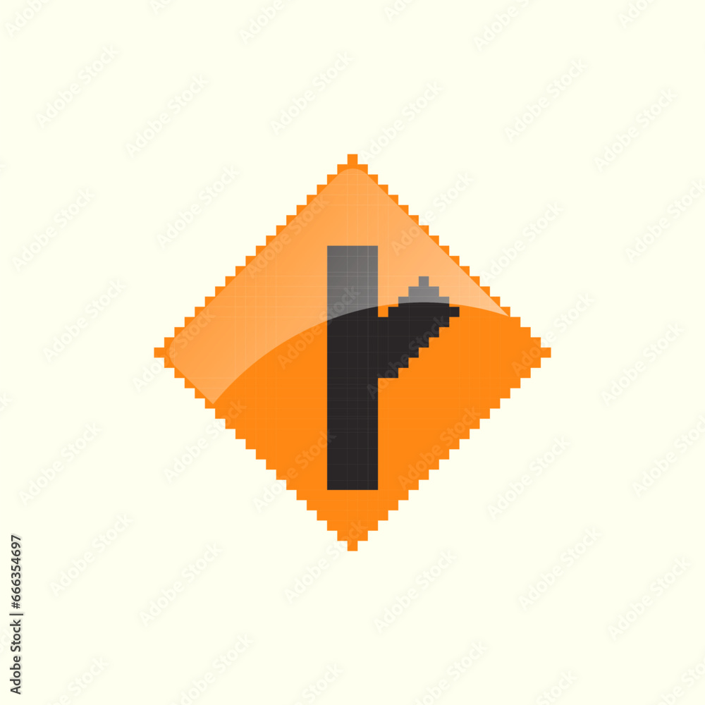 Cross road ahead road sign pixel art vector illustration