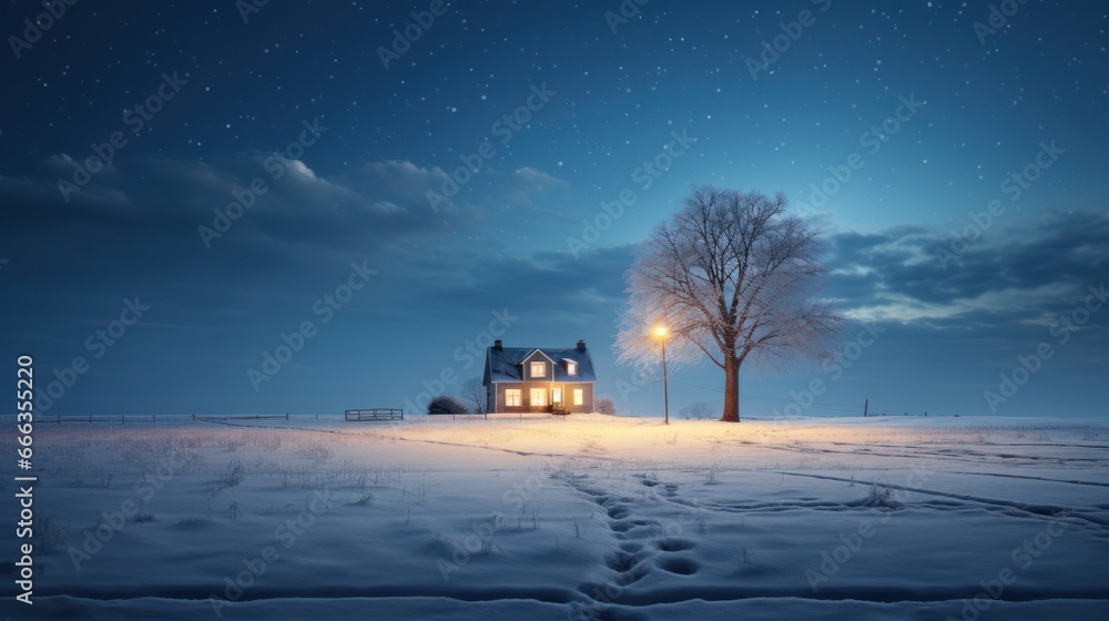 Winter night in snowy countryside fields with a bright lantern near a house with a tree Winter night in snowy countryside fields with a bright lantern near a house with a tree