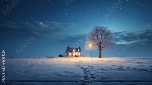 Winter night in snowy countryside fields with a bright lantern near a house with a tree
