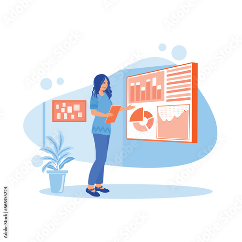 The company's operations director meets with employees to analyze the growth graph. Growth Analysis Concept. trend modern vector flat illustration