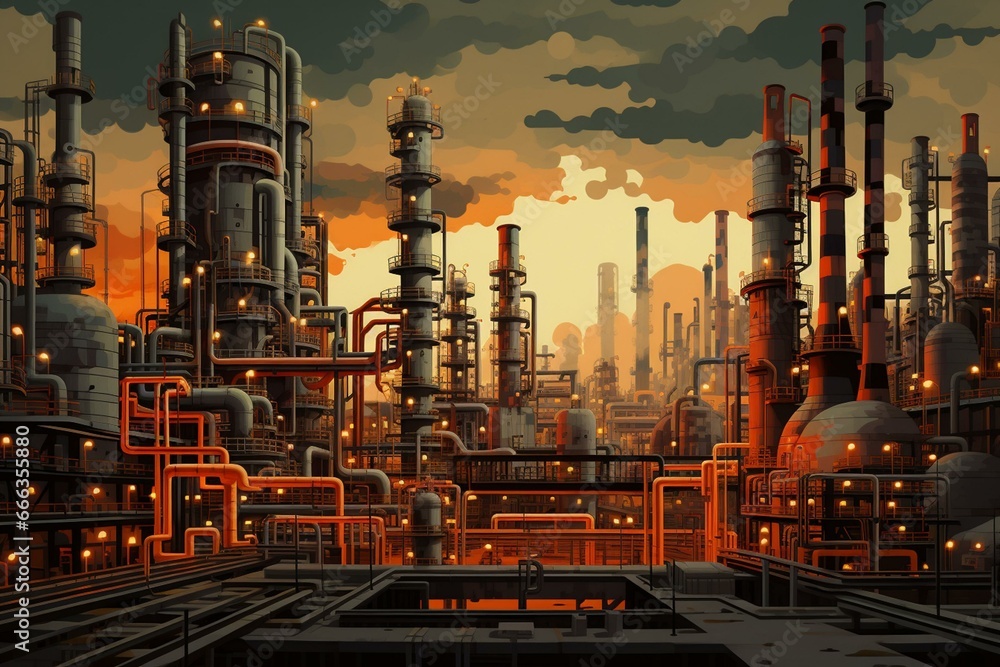 Illustration depicting an artistic concept of an oil refinery with a background motif. Generative AI