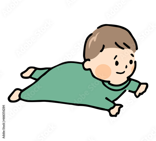 ずりばいをするベビー服を着た男の子の赤ちゃん