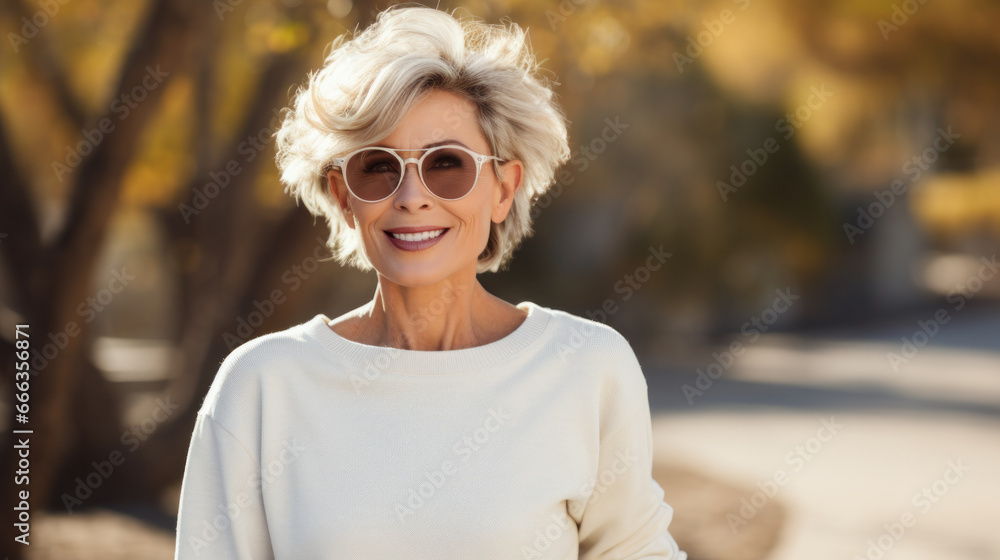 Portrait of a beautiful middle-aged woman outdoors suburban street. Selective focus. Portrait of a beautiful middle-aged woman outdoors suburban street. Selective focus.