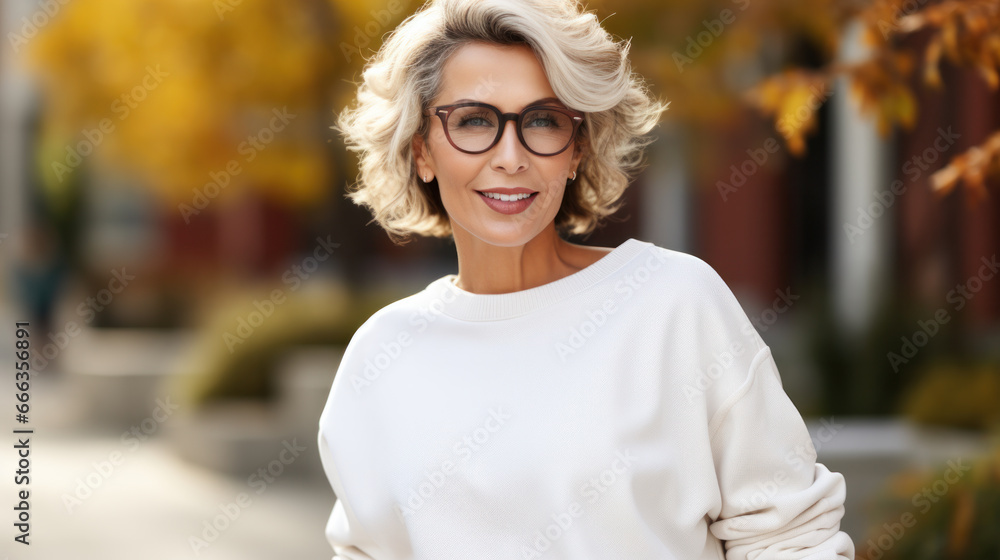 Portrait of a beautiful middle-aged woman outdoors suburban street. Selective focus. Portrait of a beautiful middle-aged woman outdoors suburban street. Selective focus.