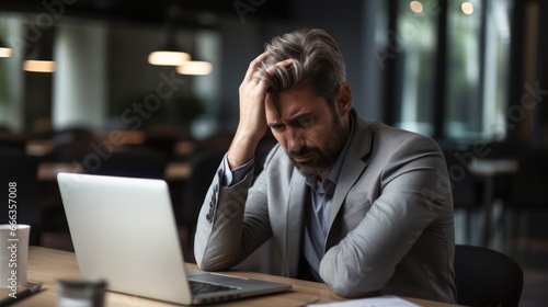 Businessman, laptop and headache in stress, anxiety or burnout in shock from debt at office desk. Frustrated man person or employee with bad head pain or overworked in financial crisis at workplace