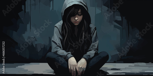 Depressed teenager girl sitting slumped symbolizing bad emotional state photo
