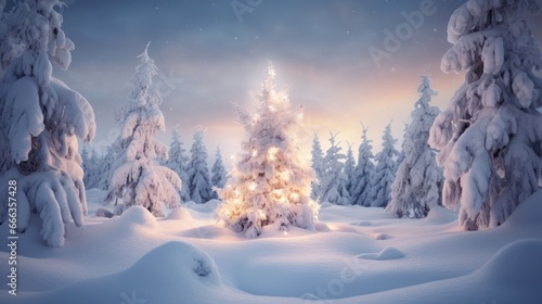 Very early winter morning in a snowy countryside forest with a tree that glows with Christmas lights