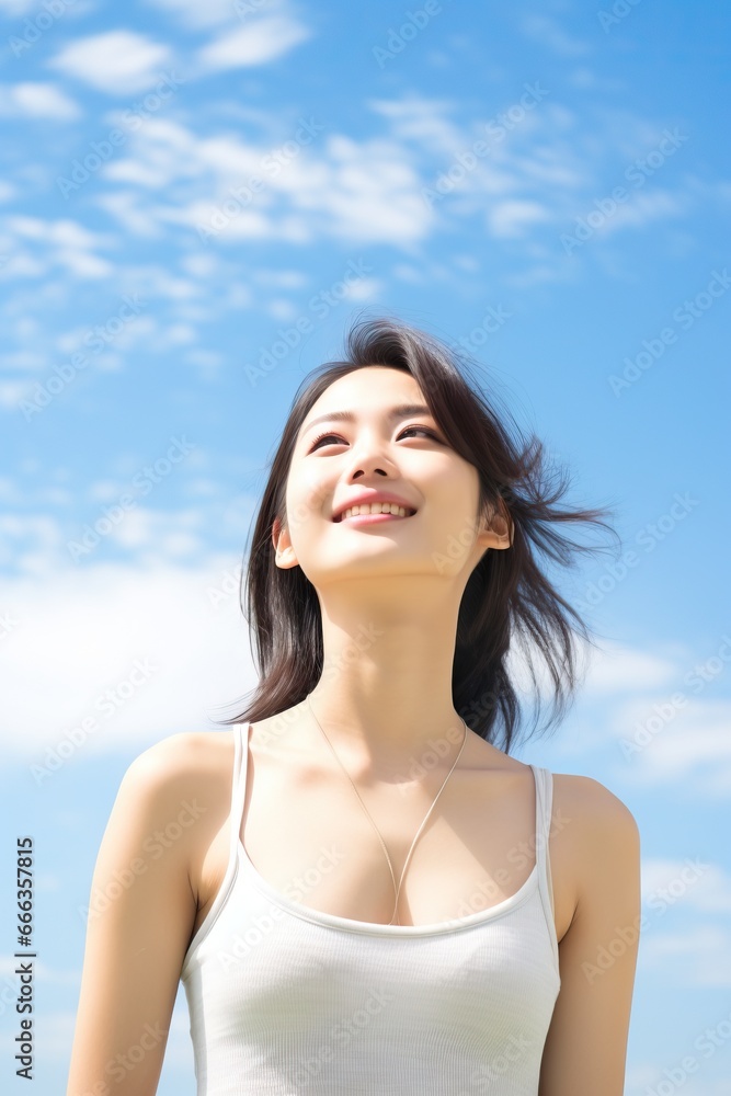 Portrait of a beautiful woman and a bright smile Asian people with background Bright blue sky as the background
