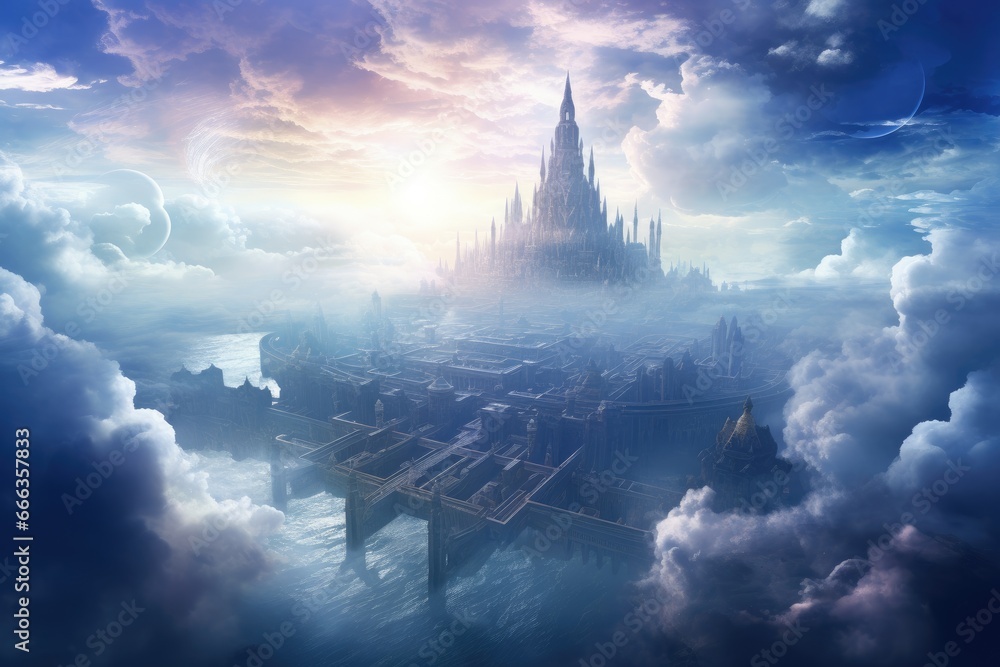 Fantasy landscape with ancient temple and cloudy sky. 3D rendering, Generate an image that unveils the ethereal beauty, AI Generated - obrazy, fototapety, plakaty 