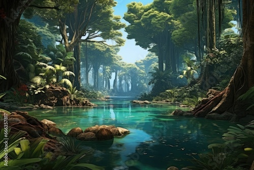 3D rendering of a fantasy green forest with a lake and trees, Game background: In 10,000 BC, the forests surrounding lakes were plentiful with water creatures and vegetation, AI Generated photo