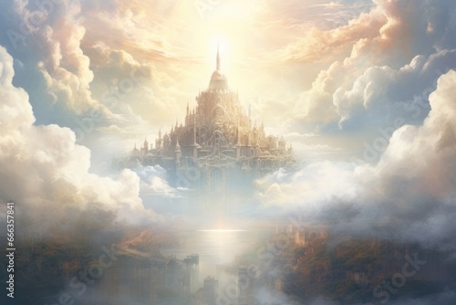 Magic temple in the clouds. Fantasy landscape. 3D rendering, Generate an image that unveils the ethereal beauty, AI Generated