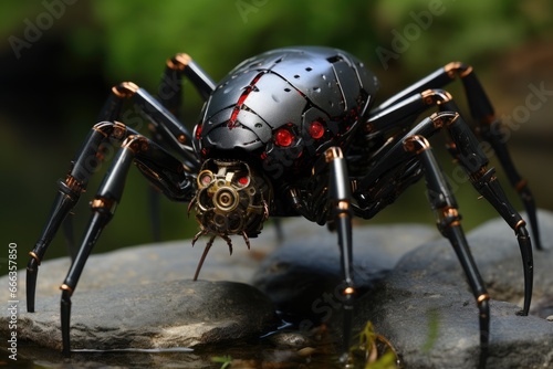 A closeup of a black and red spider on a rock, genetically modified robotic black widow spider, AI Generated
