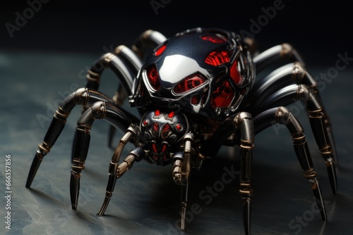 Spider on a black background. Halloween concept. 3d rendering, genetically modified robotic black widow spider, AI Generated