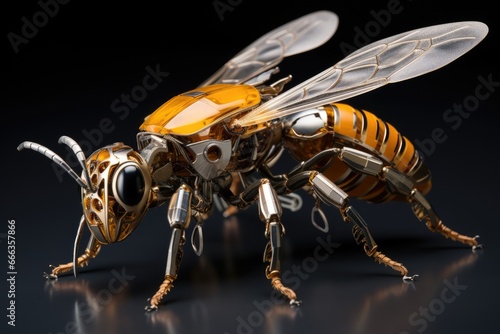 Honey bee isolated on black background. 3d render illustration, genetically modified robotic Honey Bee, AI Generated
