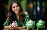 Girl with many piggy banks around, saving for the future concept