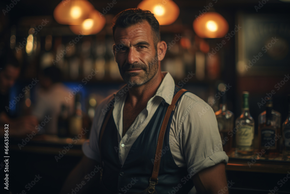 Obraz premium Bartender handsome adult man in an apron standing in a pub and looking at camera. Bar owner