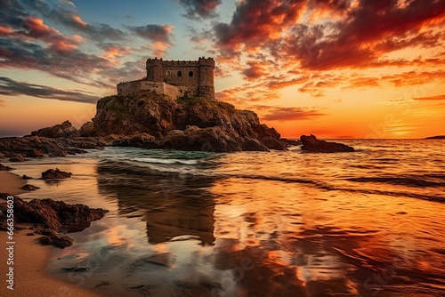 Enchanting fortress and sunset reflecting on the ocean. Generative AI