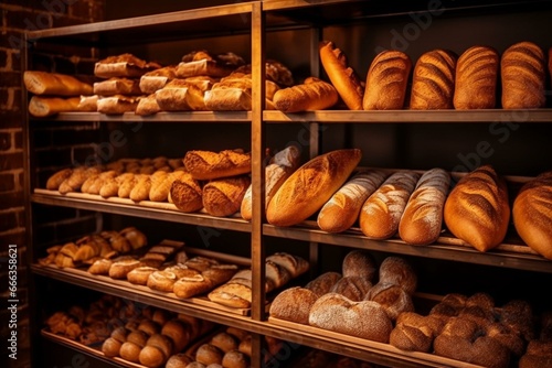 Bakery racks with assorted freshly baked bread, various types displayed under bright light. Golden crust breads showcased on wooden shelves. Generative AI