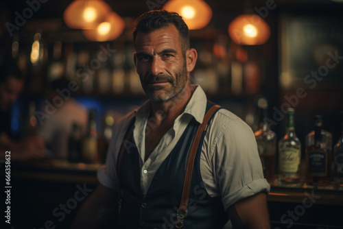 Bartender handsome adult man in an apron standing in a pub and looking at camera. Bar owner