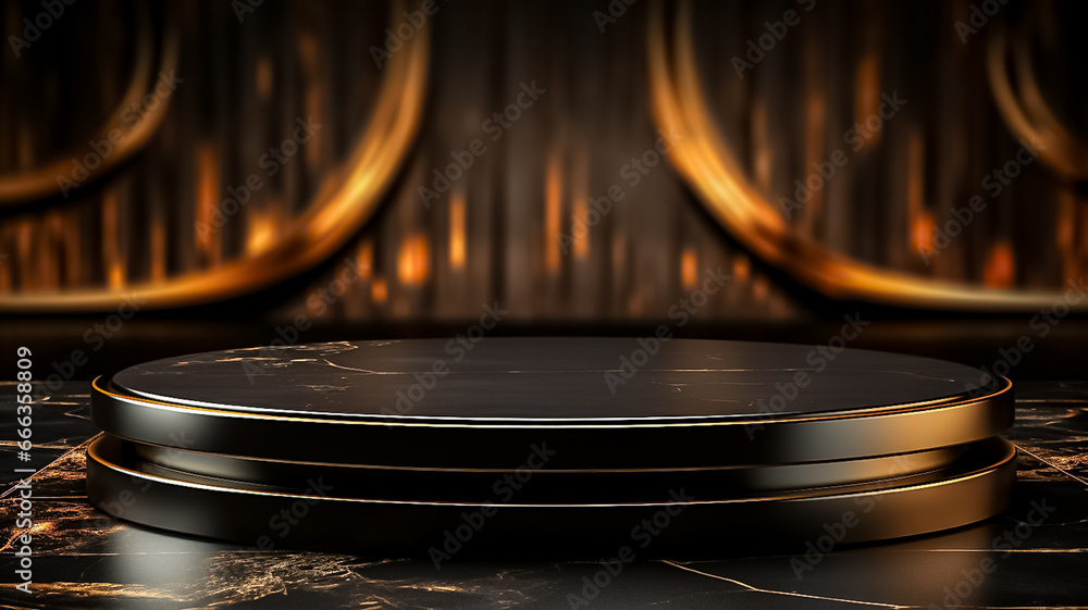 Black luxury gold empty podium background with presentation product stand or abstract gold cosmetic display on pedestal and premium modern round showcase on elegant mockup background. Design ai
