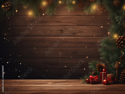 christmas themed background featuring wood planks and pinecones and christmas decor with copyspace